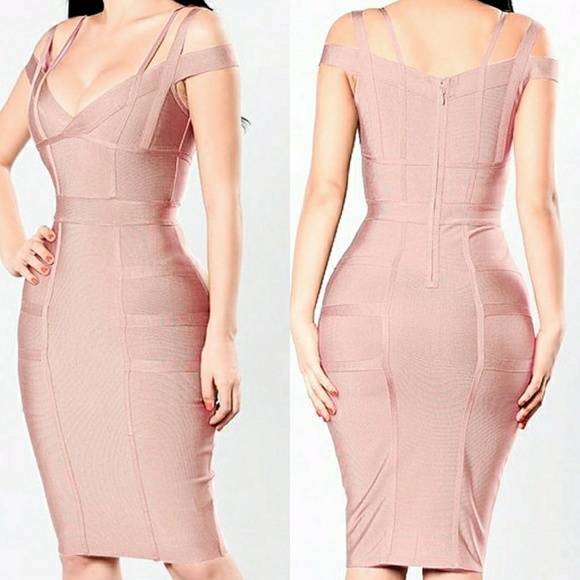 Last Small•Cold Shoulder Midi Bandage Dress Nude - Picture 4 of 6